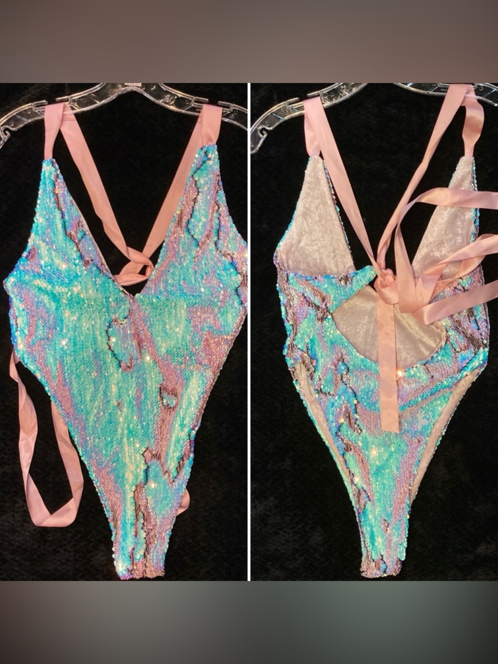 Loonigans festival rave iridescent snake flip sequin velvet bodysuit leotard S M